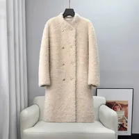 Abrigo de Piel de Oveja de Longitud Media para Mujer, Abrigo Holgado de Doble Botonadura de Lana de Cordero para Dama y Niña CT639