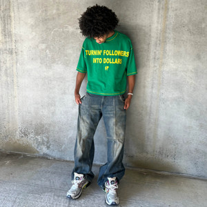 T-Shirt grafica con serigrafia Streetwear di nuovo arrivo da uomo oversize in cotone spesso manica corta con orlo corto - Product Image 2