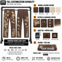Jean en denim marron délavé personnalisé 420 g/m² avec panneaux effilochés, doublure en sergé pâle, fermeture boutonnée, rivets, pantalon en denim streetwear OEM ODM