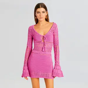Özel kadınlar pembe örme elbise 2023 uzun kollu Y2K Mini elbise oymak rahat elbise için parti