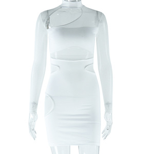 Women's Solid Color Sexy Hollow Mesh Splicing Wrap <b>Hip</b> Dresses Fashion - Product Image 5