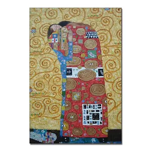 亲吻由 Gustav Klimt 帆布手工油画男孩和女孩绘画