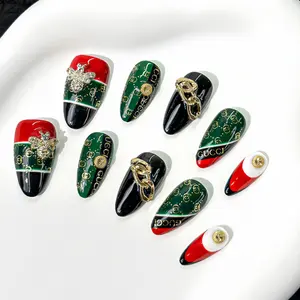 GUCCI finger nail press almond coffin red green baroque EU style luxury handmade 1 set wholesale retail press on nail