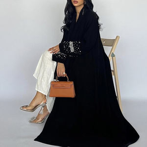 Abaya noire ornée de strass, col en V, modeste, ouverte sur le devant, manches longues, ODM, tenue de soirée islamique de luxe - Product Image 1