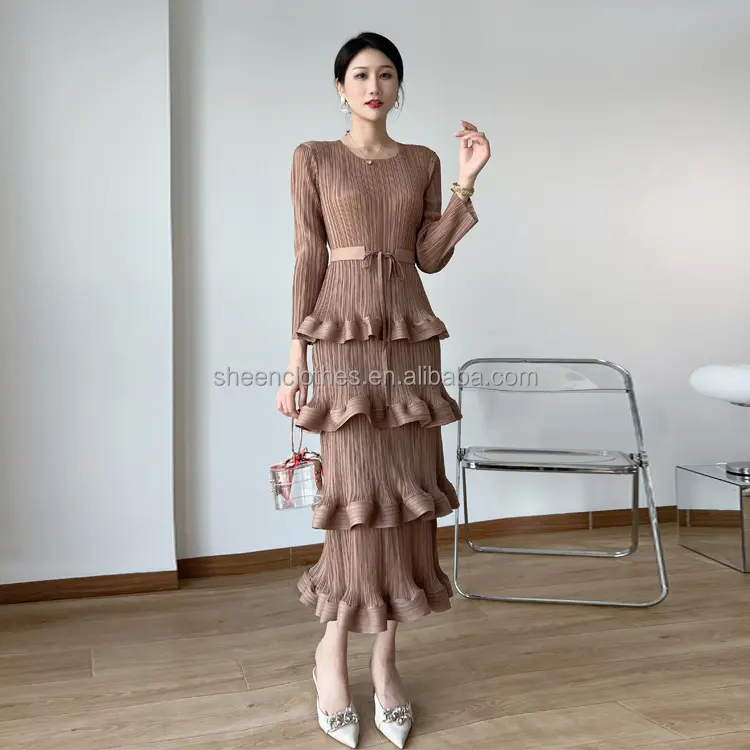 Modest Luxury Long Sleeve Miyake Pleated Solid Color Ruffle Women Long Midi Korean Dress