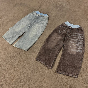 مخصص خمر غسل السراويل الجينز الشاشة المطبوعة شعار واسع الساق فضفاض مزدوج الخصر الشارع الجينز للرجال - Product Image 4