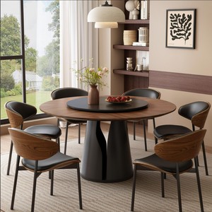 Bộ bàn ăn tròn gỗ nguyên khối cao cấp hiện đại, 4/<span class=keywords><strong>6</strong></span>/8 chỗ ngồi, phòng khách, nhà hàng, thiết kế xoay, màu đen - Product Image 1