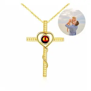 Cross - Border Selling 100 Languages Heart-shaped Cross Projection Necklace Female Minority Design Sense Silver Pendant