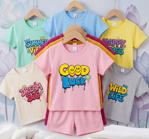 Conjuntos de Verano para Niños, Directo de Fábrica, Manga Corta, Cuello Redondo, Algodón, para Niños y Niñas, Colores Variados, Estampados Surtidos - Product Image 2