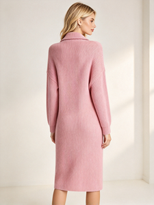 Robe pull midi ample à col rabattu et manches longues boutonnée, couleur unie, pour femme, service personnalisé, vente chaude, pour le quotidien - Product Image 3