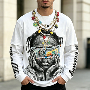 T-Shirt da Uomo con Stampa Grafica Stile Street <span class=keywords><strong>Hiphop</strong></span>, Collo Tondo, 2 in 1, Manica Lunga, Abbigliamento Autunnale Maschile - Product Image 1