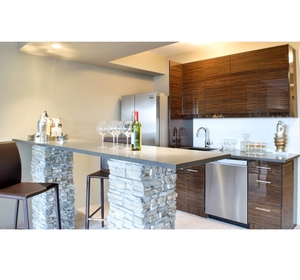 Meuble bar CANA sur mesure, luxueux, finition brillante, grain de bois ébène, comptoir à boissons modulaire avec péninsule - Product Image 1