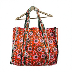 Bolsa de Mano de Algodón con Estampado Floral, Impresa a Mano con Ribete a Rayas, Estilo Bohemio, Bolsa de Compras Abierta - Product Image 1