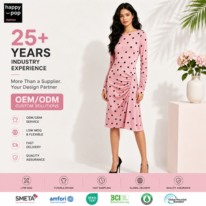 Abito Midi Casual Primaverile da Donna Personalizzato OEM ODM, Stile Vintage con Vita Impero, Maniche Lunghe, Stampa a Pois e Dettagli Arricciati - Product Image 3