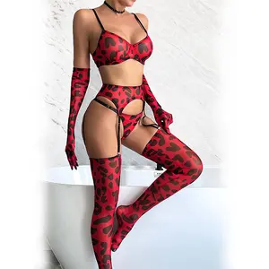 Fancy Matching Outfit Sexy Leopard Lingerie Women Sexy Lace Lingerie Five Piece Set Slim Steel Ring Underwear Bra and Stocking