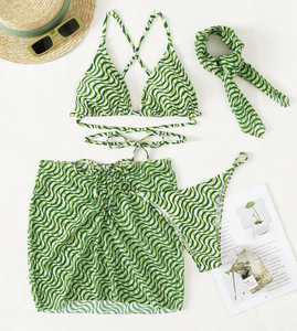 Maillot de bain de styliste imprimé, 4 pièces, écharpe à cheveux, jupe de plage, cover-up, bretelles croisées, ensemble Bikini, 2023 - Product Image 3