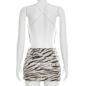 Viviblook D26ST050 Ensemble d'été pour femmes, imprimé zèbre, paillettes, débardeur dos nu, jupe mini moulante, ensemble deux pièces - Product Image 5