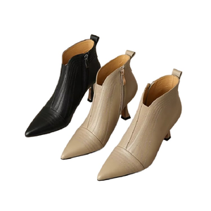 Cialisa, <span class=keywords><strong>botines</strong></span> elegantes de cuero genuino Beige maduro <span class=keywords><strong>para</strong></span> <span class=keywords><strong>mujer</strong></span>, botas negras cortas con cremallera ligera <span class=keywords><strong>para</strong></span> otoño e invierno, tacones altos - Product Image 1