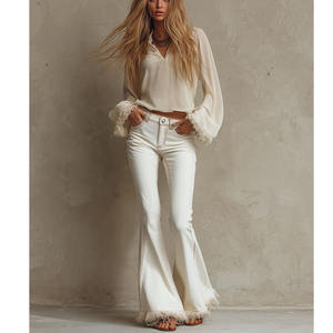 Jeans évasés pour femmes personnalisés, ourlet <span class=keywords><strong>effiloché</strong></span> <span class=keywords><strong>blanc</strong></span>, jeans évasés taille basse pour femmes - Product Image 4