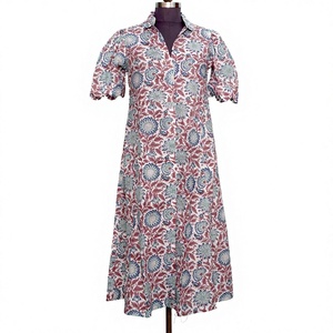 Eco-Friendly Bohemian Style Vintage Knitted Cotton Midi Dress V-neck Short Sleeve Button Detail A-Line Silhouette - Product Image 1