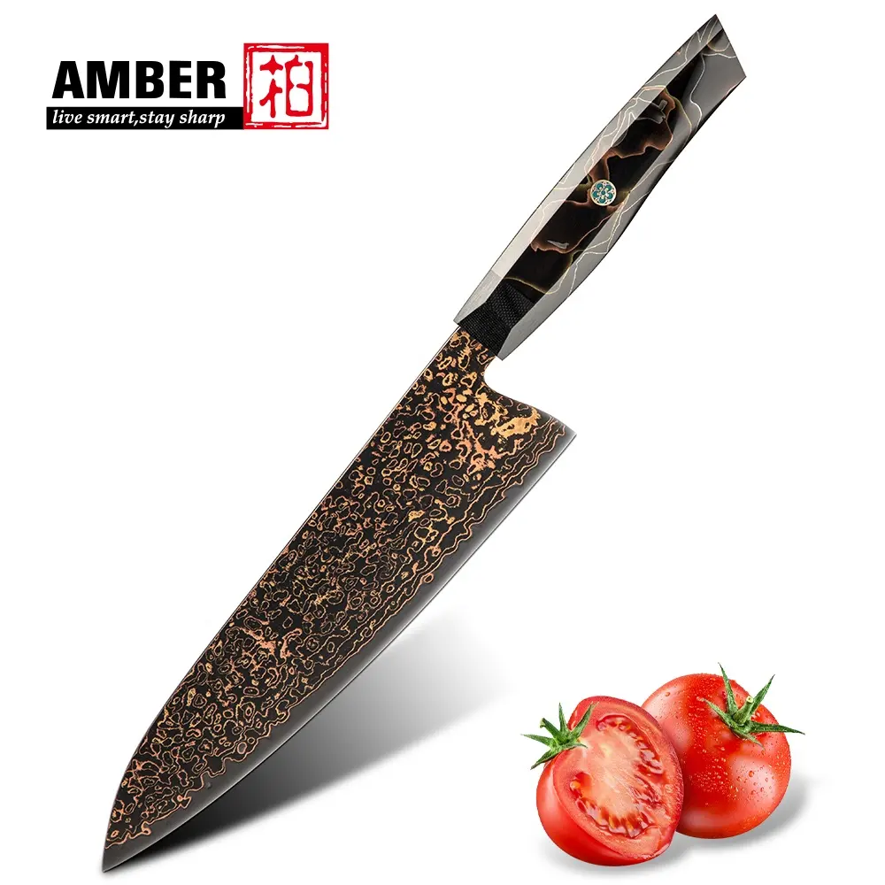 Amber tidak ada ketahanan VG10 tembaga baja Damaskus pisau hitam pisau Damaskus pisau dapur koki pisau dengan pegangan Resin