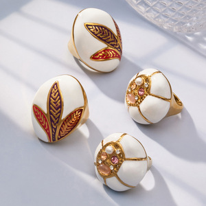 Women's Bohemian <b>Cocktail</b> <b>Rings</b> <b>Gold</b> Plated Porcelain Pearl Stone Plant Pattern Party Jewelry - Product Image 3
