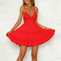 Cravate dos nœud tendance été robe de soleil dentelle blanche col en V dos nu sans manches plage Mini robe de soleil robes décontractées femmes