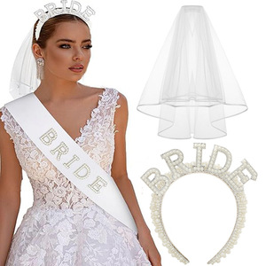 Meilleures ventes : Ensemble 3 pièces pour mariée et enterrement de vie de jeune fille (EVJF) - Serre-tête, Voile à bretelles orné de perles et strass, Écharpe de fête EVJF, Couronne de mariée - Product Image 2