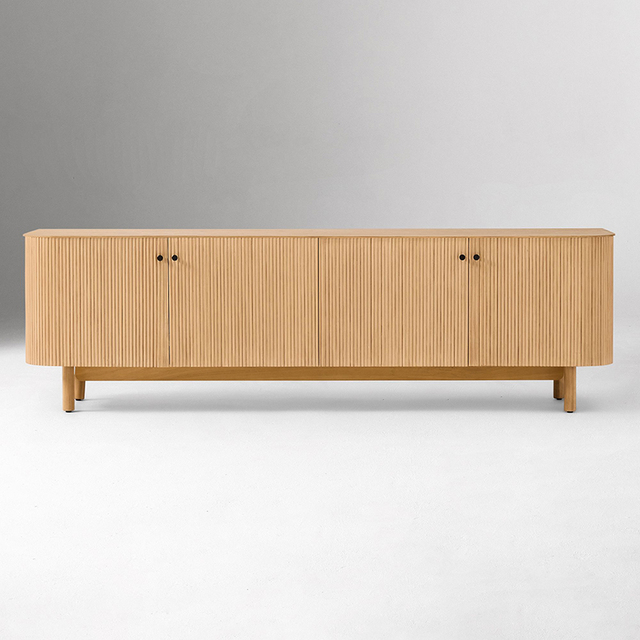 Modern Natural Oak TV Stand 4-Door Vertical Fluted Media Console with Solid Wood Legs for Living Room & Hotel