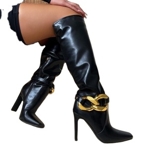 BSM1054 2022 New Big Chain Buckle Ankle Straps Blue <strong>Knee</strong> <strong>High</strong> <strong>Boots</strong> - Product Image 1