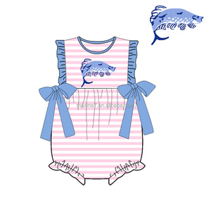 ODM/OEMキッズウェアブティックフラッタースリーブガールズ2ピース衣装魚刺Embroidery弓かわいい女の子セット - Product Image 4