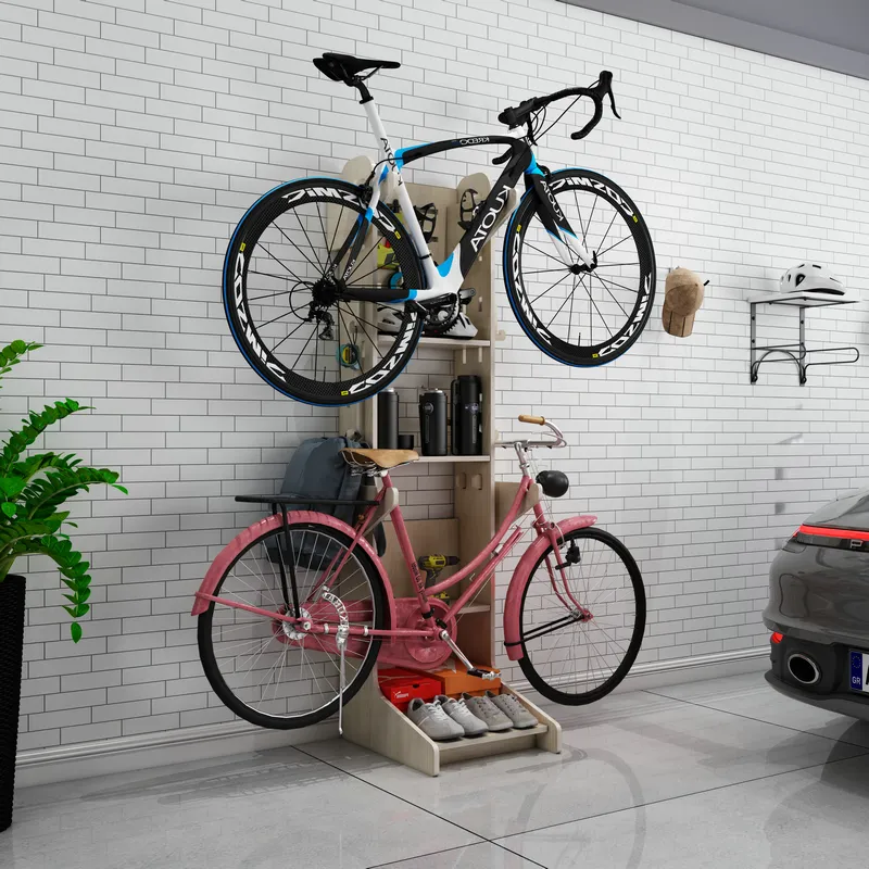 Wooden No Screw 2 Bikes Bicycle Storage Stand With Shelving Indoor Adjustable Bicycle Display Rack With Wheels