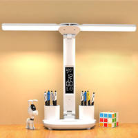 Lámpara de Mesa LED Doble Flexible Inalámbrica con Control Táctil, Reloj con Pantalla de Tiempo, Recargable de 5V, Lámpara de Mesa para Niños que Cuida la Vista