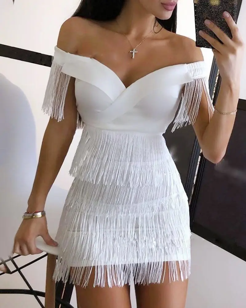 Party Wear Women Sleeveless Bodycon Dress Summer Fringe Tassel White Dresses