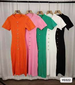 Women's Hot <strong>Pink</strong> Ribbed Knit Maxi <strong>Dress</strong> Short Sleeve Pearl Button Decor Bodycon Long <strong>Dress</strong> Elegant Party Evening <strong>Dress</strong> - Product Image 3