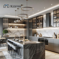 Armoires de cuisine en bois de noyer naturel les plus populaires, éclairage LED blanc chaud, tiroirs coulissants, paniers, armoires de cuisine pour la maison