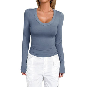 Custom <strong>Basic</strong> T-Shirt Women Cotton Scoop Neck Summer Fitted Wholesale <strong>Ladies</strong> Blank Slim <strong>Fit</strong> Printed OEM Long Sleeve T Shirt Women - Product Image 4