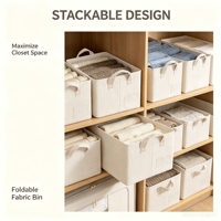 Boîte de rangement pliable multi-usages en coton et lin beige avec cadre en fer, doubles poignées de transport et poche transparente pour étiquettes – Idéale pour les vêtements de garde-robe