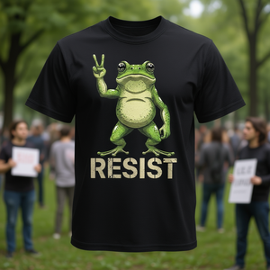 T-shirt Frog Resist Protest Peace Sign Activism, nera, per adulti, unisex, manica corta, girocollo, stampa digitale - Product Image 3