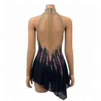 Costume de patinage artistique pour enfants et adultes, robe en maille dégradée noir, or et rose avec strass pour spectacle sur glace et compétition