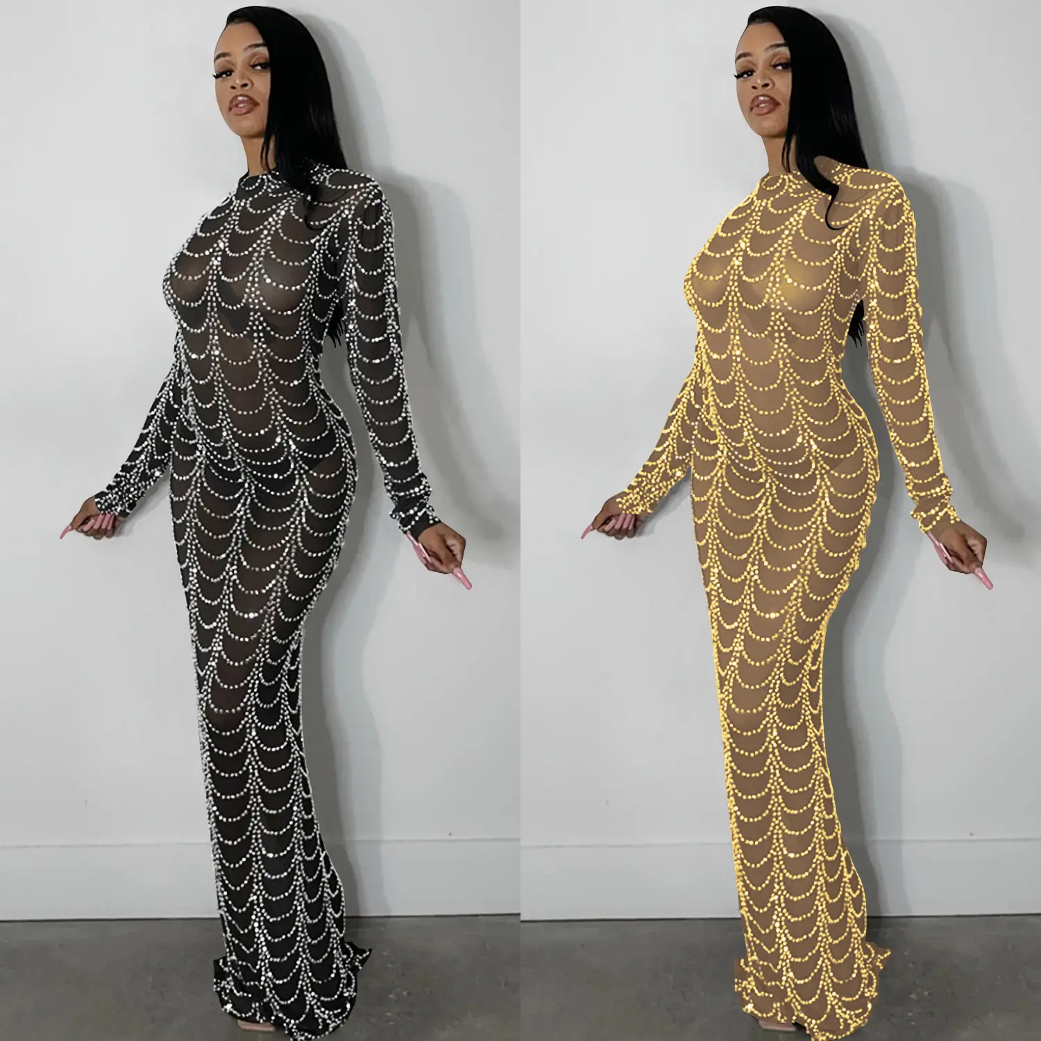 Fashion New Long Sleeve Black And Golden Bodycon Mesh Tulle Sheer Bling Club Dresses Sexy Transparent