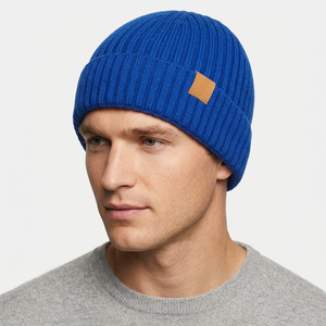 Gorro de Invierno de Punto Acanalado con Bordado 3D, Unisex, Azul, con Borde, Color Sólido, 100% Lana, Casual, para Adultos, 56-58CM - Product Image 4