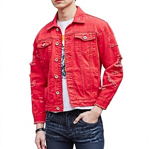 Veste en jean rouge pour homme, décontractée, boutonnée, couleur unie, déchirée, effet usé, coupe classique, automne, lavable, 100% coton, coupe-vent - Product Image 1