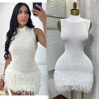 T26226 Boutique 2026 Fournisseur de Vêtements Tendance Robe Mini Femme Tricotée à Pompons Col Roulé Sans Manches Élégante Décontractée