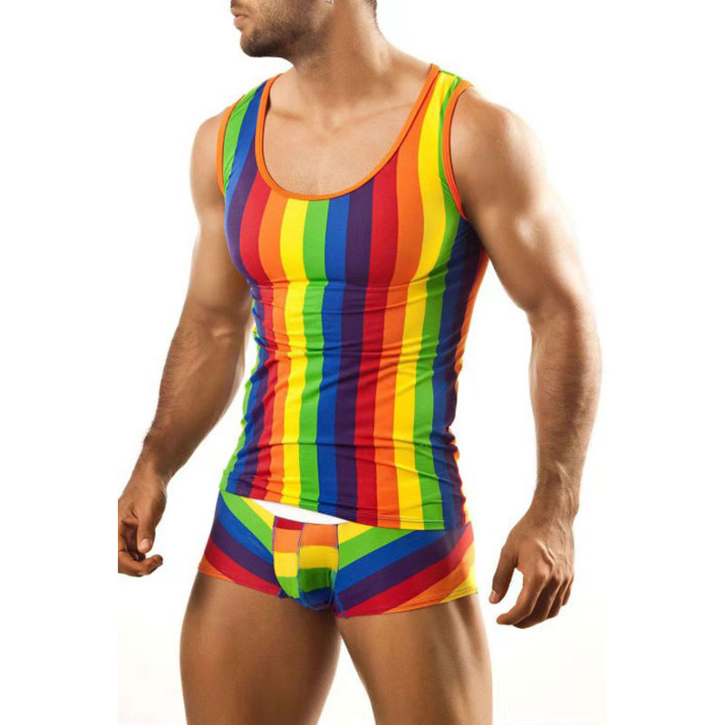 QC - 067 Designer comfortable men tank top and skinny shorts set rainbow printed home wear men's sleepwear
