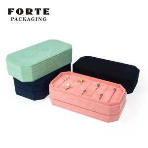 Boîte à bijoux FORTE en velours rose octogonale, plateau de présentation de bagues multicolores avec logo personnalisé, boîte à bijoux avec couvercle - Product Image 5