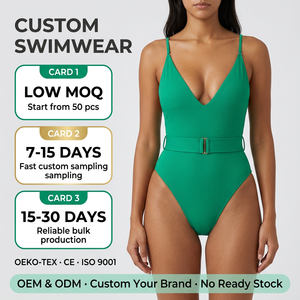 Maillot de bain une pièce côtelé <span class=keywords><strong>vert</strong></span> émeraude sexy pour femme, décolleté plongeant, ceinturé, coupe haute, personnalisable OEM OEKO-TEX - Product Image 1