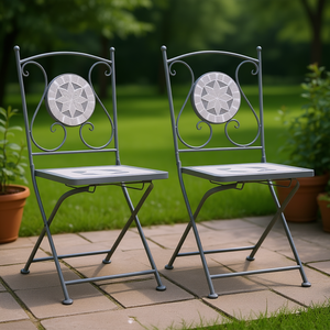 Set Of 2 Grey Powder Coated Steel Garden Chairs With Ceramic <b>Backrest</b> Foldable Outdoor Furniture Traditional Design - Product Image 2