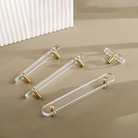 Poignée en laiton massif avec barres en acrylique transparentes, poignée longue en T pour portes d'armoires et tiroirs, quincaillerie de mobilier