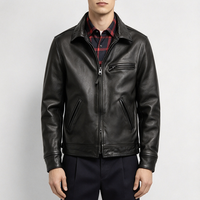 Veste en cuir de vachette japonaise Tenjin pour moto, homme, noire, de haute qualité, lavée, cirée, en cuir véritable tanné végétal